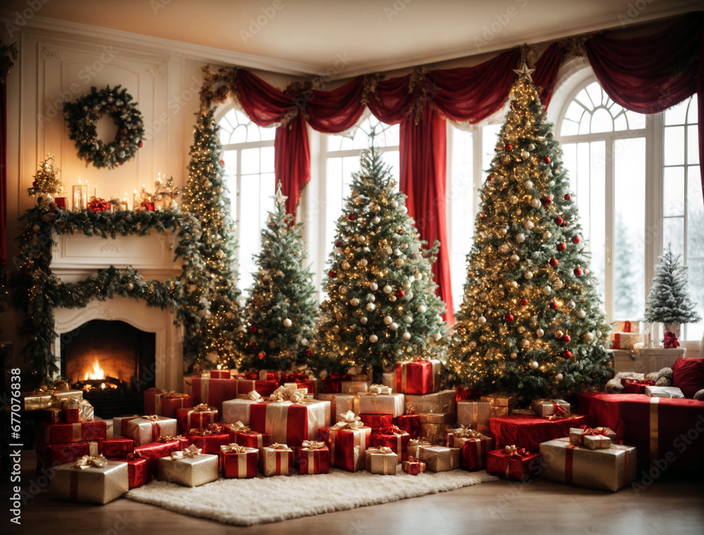 Beautiful holdiay decorated room with Christmas tree with presents under it. Happy New year background