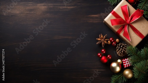 Christmas decorations on wooden background, top view with space for text