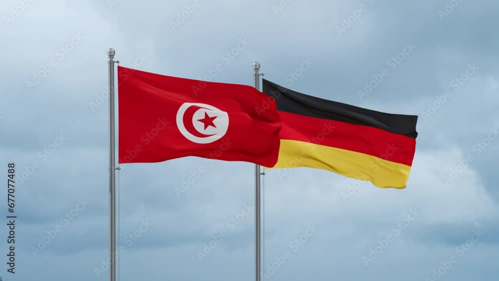 Germany flag and Tunisia flag waving together on cloudy sky, endless seamless loop, two country relations concept Germany flag and Tunisia flag waving together on cloudy sky, endless seamless loop, two country relations concept
