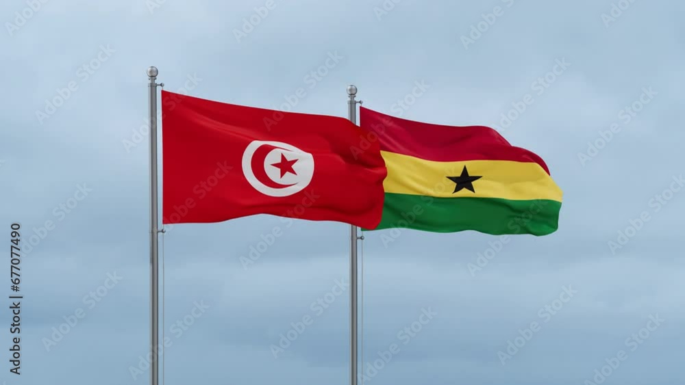 Ghana flag and Tunisia flag waving together on cloudy sky, endless seamless loop, two country relations concept Ghana flag and Tunisia flag waving together on cloudy sky, endless seamless loop, two country relations concept