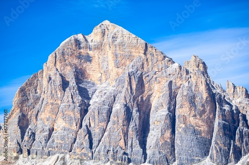 Detailed shot of the bare rocky peak of Mount Tofana di Mezzo, near the town of Cortina d'Ampezzo in the Italian Dolomites