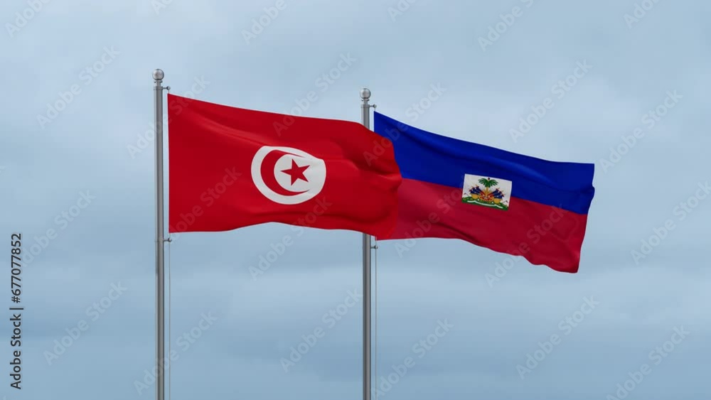 Haiti flag and Tunisia flag waving together on cloudy sky, endless seamless loop, two country relations concept Haiti flag and Tunisia flag waving together on cloudy sky, endless seamless loop, two country relations concept