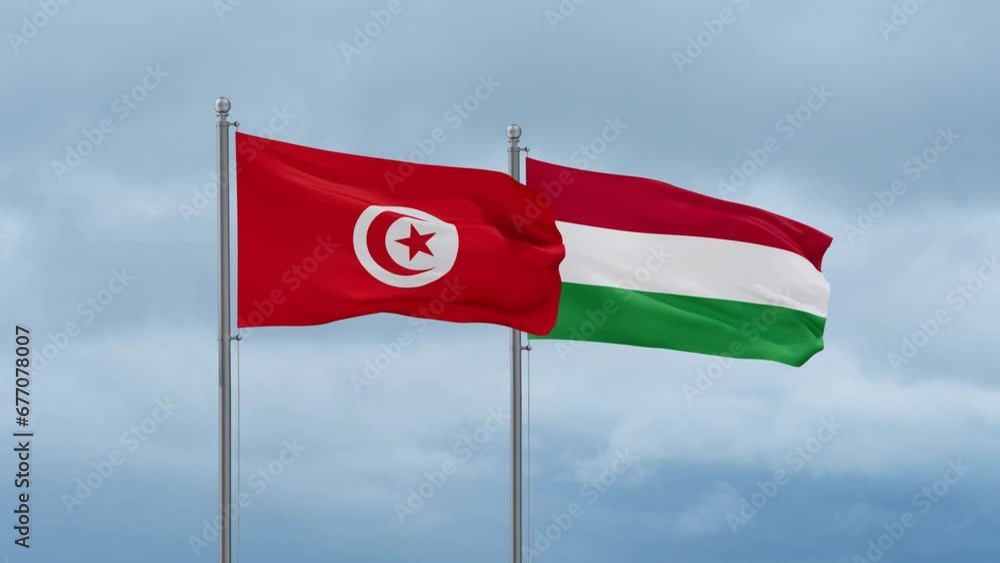 Hungary flag and Tunisia flag waving together on cloudy sky, endless seamless loop, two country relations concept Hungary flag and Tunisia flag waving together on cloudy sky, endless seamless loop, two country relations concept