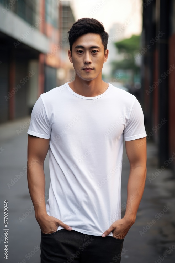Handsome asian model wearing blank t-shirt for mockup design Handsome asian model wearing blank t-shirt for mockup design