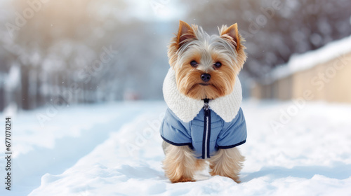 Yorkshire terrier dog in winter clothes walking outdoors. Cute adorable Yorkie on a snowy street wearing jacket © Marina