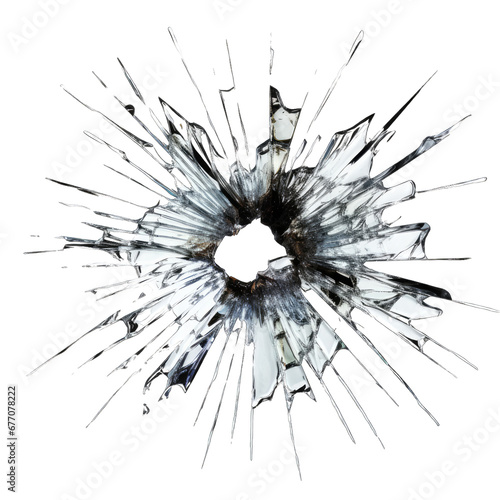 Bullet Hole in Broken Glass Isolated on Transparent or White Background, PNG photo