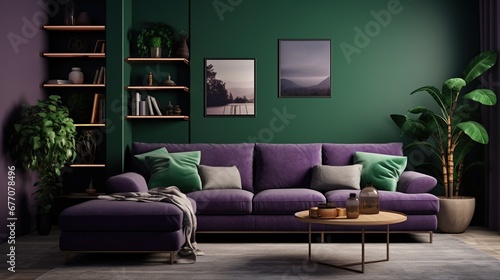 Living room, violet and dark green colors. Interior design