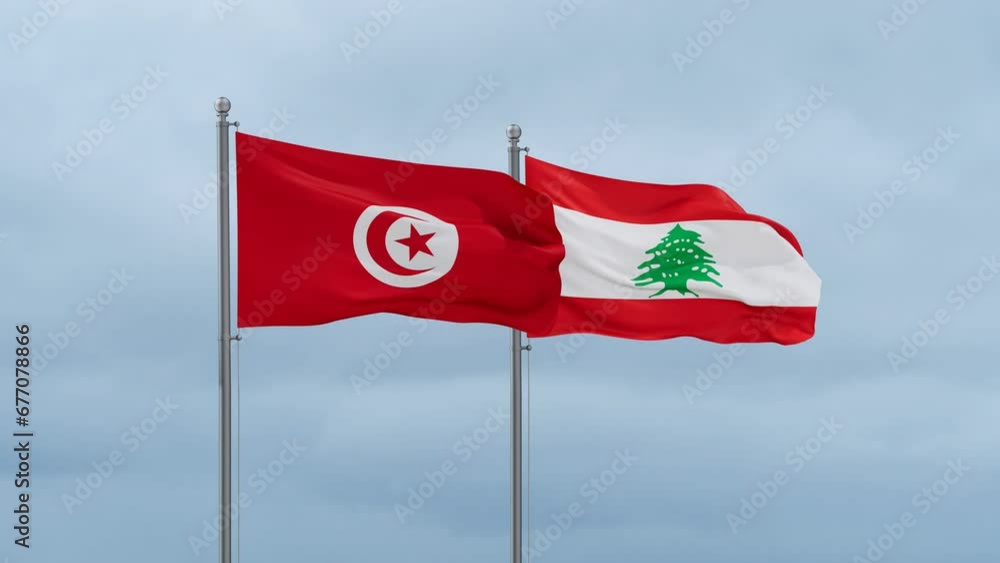 Lebanon flag and Tunisia flag waving together on cloudy sky, endless seamless loop, two country relations concept Lebanon flag and Tunisia flag waving together on cloudy sky, endless seamless loop, two country relations concept