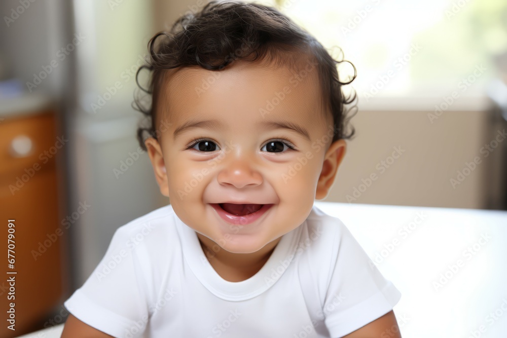 close up of a hispanic baby smile at camera