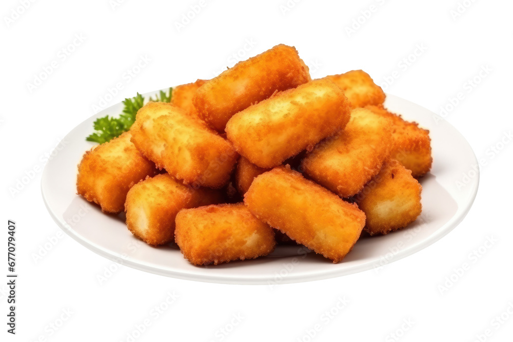 Fish sticks fried on white plate isolated on transparent background. Fish sticks fried on white plate isolated on transparent background.