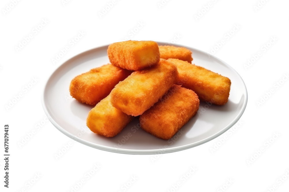 Fish sticks fried on white plate isolated on transparent background.