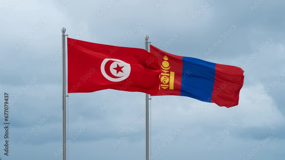 Mongolia and Tunisia flag waving together on cloudy sky, endless seamless loop, two country cooperation concept Mongolia and Tunisia flag waving together on cloudy sky, endless seamless loop, two country cooperation concept