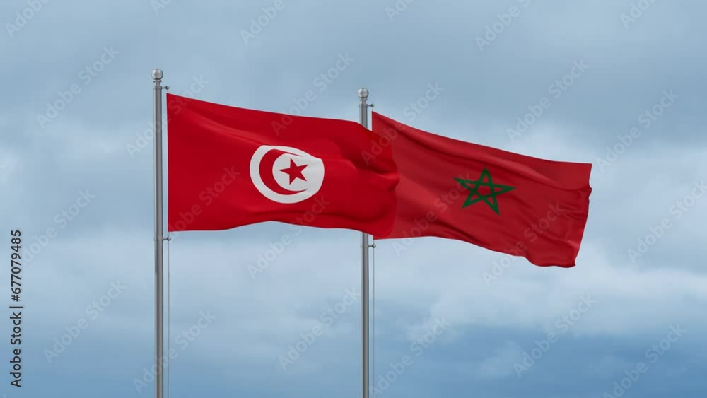 Morocco flag and Tunisia flag waving together on cloudy sky, endless seamless loop, two country relations concept Morocco flag and Tunisia flag waving together on cloudy sky, endless seamless loop, two country relations concept