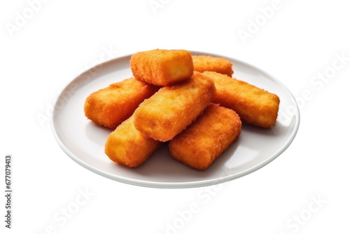 Fish sticks fried on white plate isolated on transparent background.