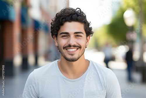 a hispanic young man smile at camera