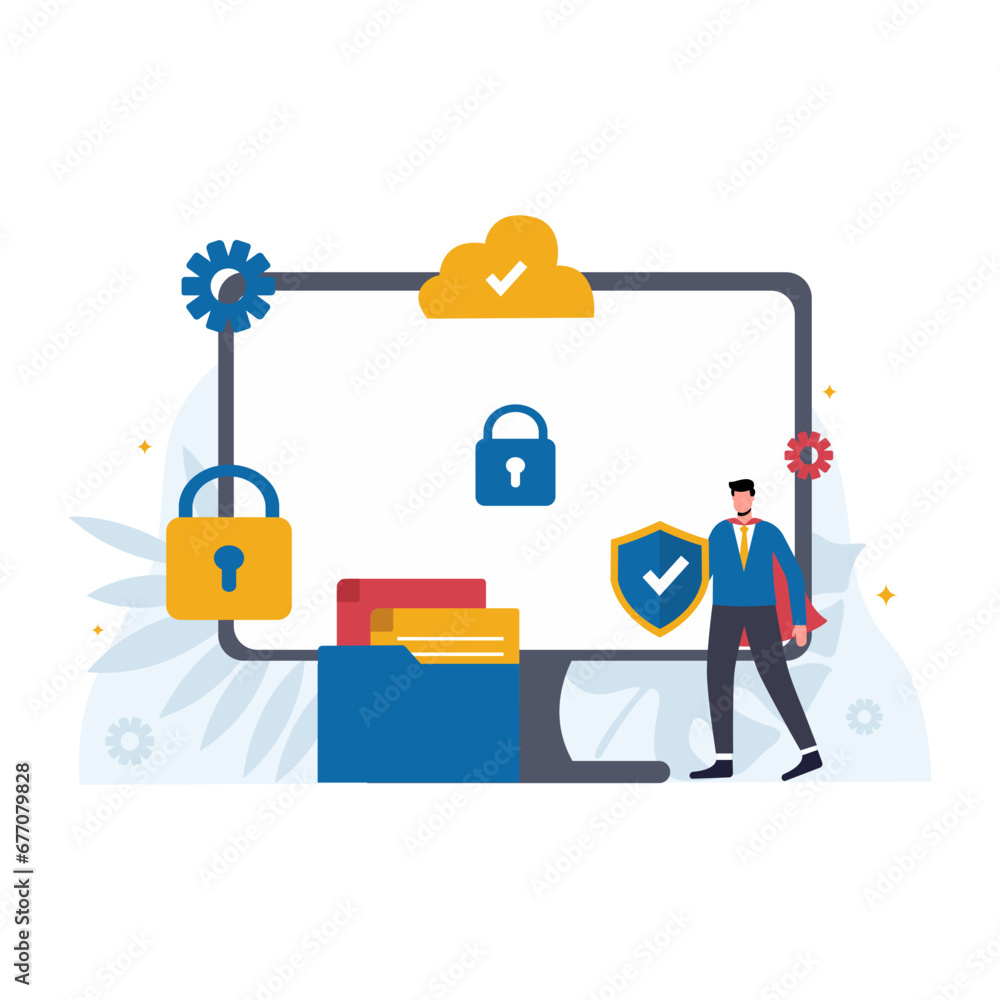 Cyber security data protection ilustration concept,people holding shield,computer data service,engineer,cloud computing,protect aplication data,virtual private network.Isolated Object. Cyber security data protection ilustration concept,people holding shield,computer data service,engineer,cloud computing,protect aplication data,virtual private network.Isolated Object.