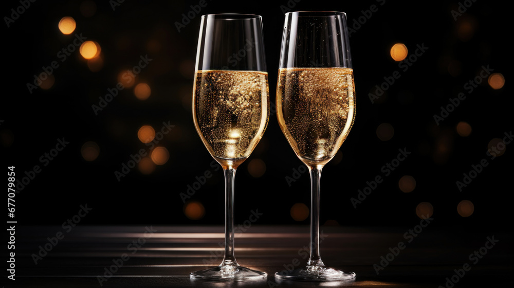 A two glass of sparkling wine on a golden confetti on blur festive background A two glass of sparkling wine on a golden confetti on blur festive background