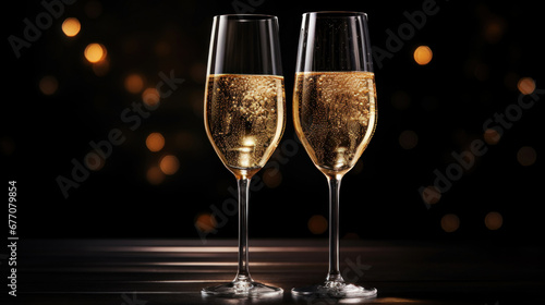 A two glass of sparkling wine on a golden confetti on blur festive background