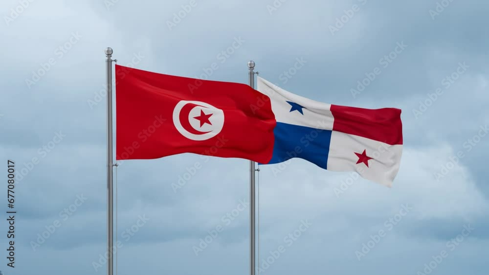 Panama flag and Tunisia flag waving together on cloudy sky, endless seamless loop, two country relations concept Panama flag and Tunisia flag waving together on cloudy sky, endless seamless loop, two country relations concept