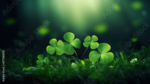 Dark background with three-leaved shamrocks, Lucky Irish Four Leaf Clover in the Field for St. Patricks Day holiday symbol. with three-leaved shamrocks
