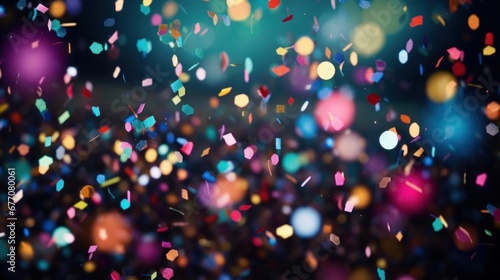 A festive and colorful party with flying neon confetti on a green background