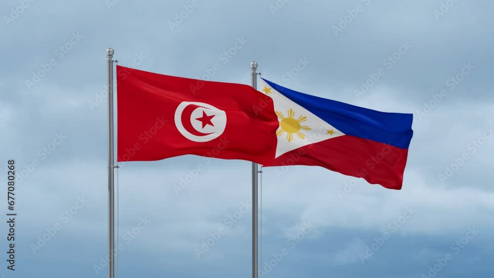 Philippines and Tunisia flag waving together on cloudy sky, endless seamless loop, two country cooperation concept Philippines and Tunisia flag waving together on cloudy sky, endless seamless loop, two country cooperation concept