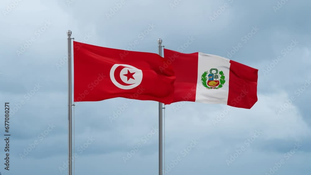 Peru and Tunisia flag waving together on cloudy sky, endless seamless loop, two country cooperation concept Peru and Tunisia flag waving together on cloudy sky, endless seamless loop, two country cooperation concept