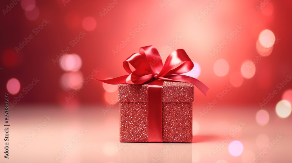 Red gift box with a red bow on pink background Red gift box with a red bow on pink background