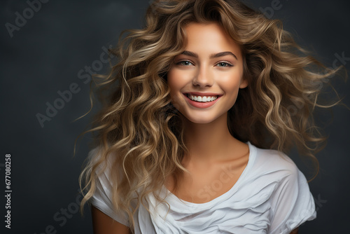 Fashion portrait, Beautiful blonde haired girl, smiling happily.