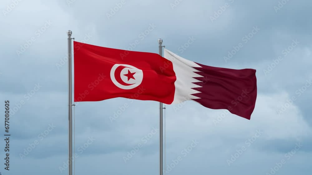 Qatar and Tunisia flag waving together on cloudy sky, endless seamless loop, two country cooperation concept Qatar and Tunisia flag waving together on cloudy sky, endless seamless loop, two country cooperation concept