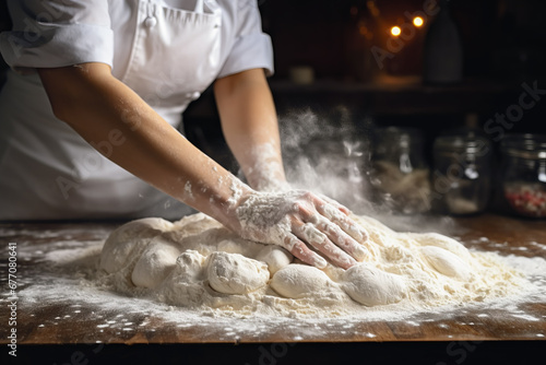 Close up hands of a chef clapping hands and preparing yeast dough for pizza pasta in white flour files air in background of modern restaurant. Cooking concept of food and cook. photo