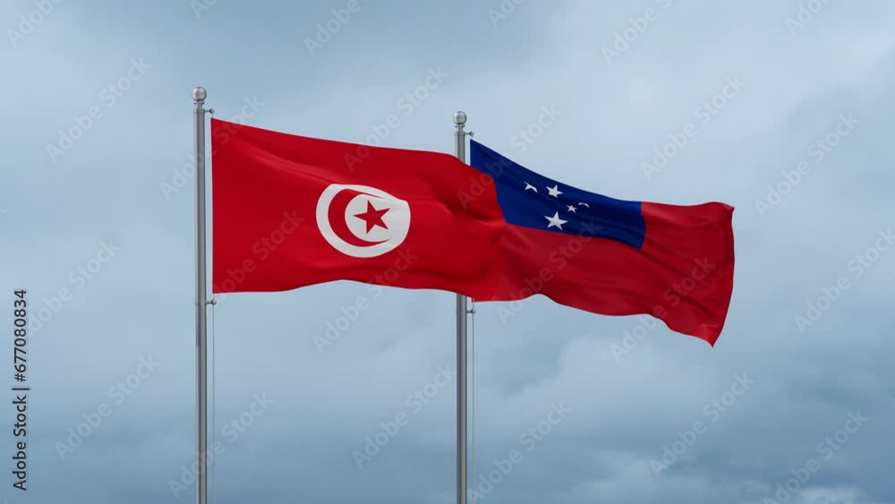 Samoa and Tunisia flag waving together on cloudy sky, endless seamless loop, two country cooperation concept Samoa and Tunisia flag waving together on cloudy sky, endless seamless loop, two country cooperation concept