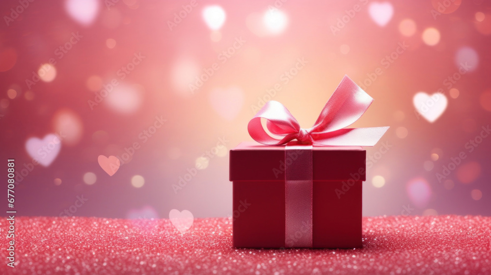 Red gift box on a pink background wuth heart shape bokeh Red gift box on a pink background wuth heart shape bokeh
