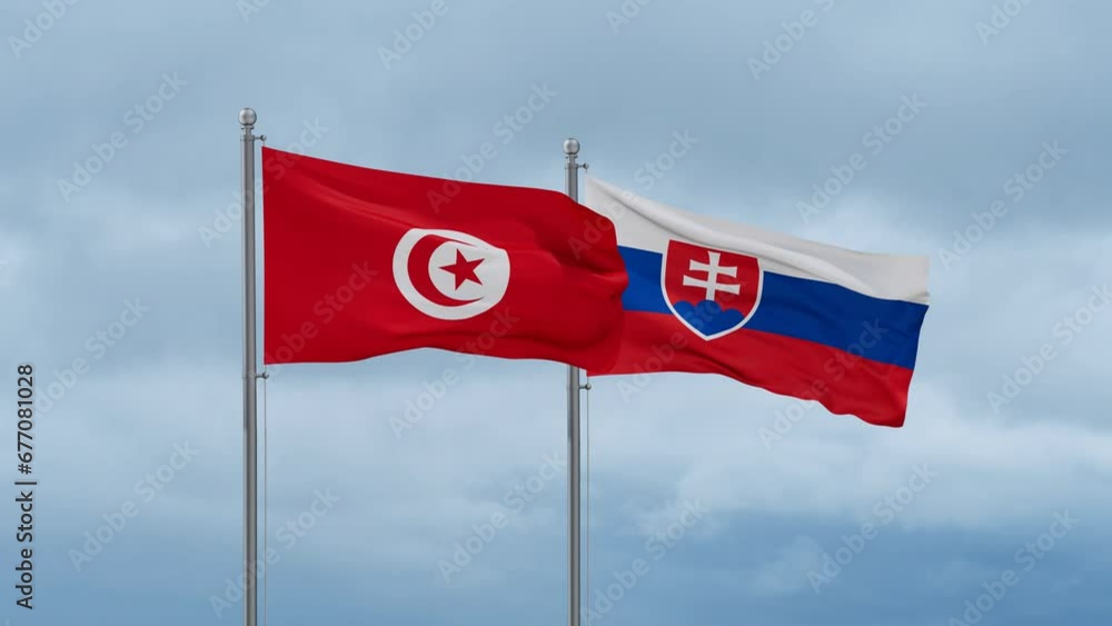 Slovak Republic or Slovakia and Tunisia flag waving together on cloudy sky, endless seamless loop, two country cooperation concept Slovak Republic or Slovakia and Tunisia flag waving together on cloudy sky, endless seamless loop, two country cooperation concept