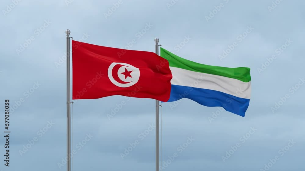 Sierra Leone or Salone and Tunisia flag waving together on cloudy sky, endless seamless loop, two country cooperation concept Sierra Leone or Salone and Tunisia flag waving together on cloudy sky, endless seamless loop, two country cooperation concept