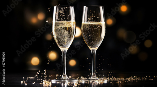 Two glasses of champagne with golden hearts