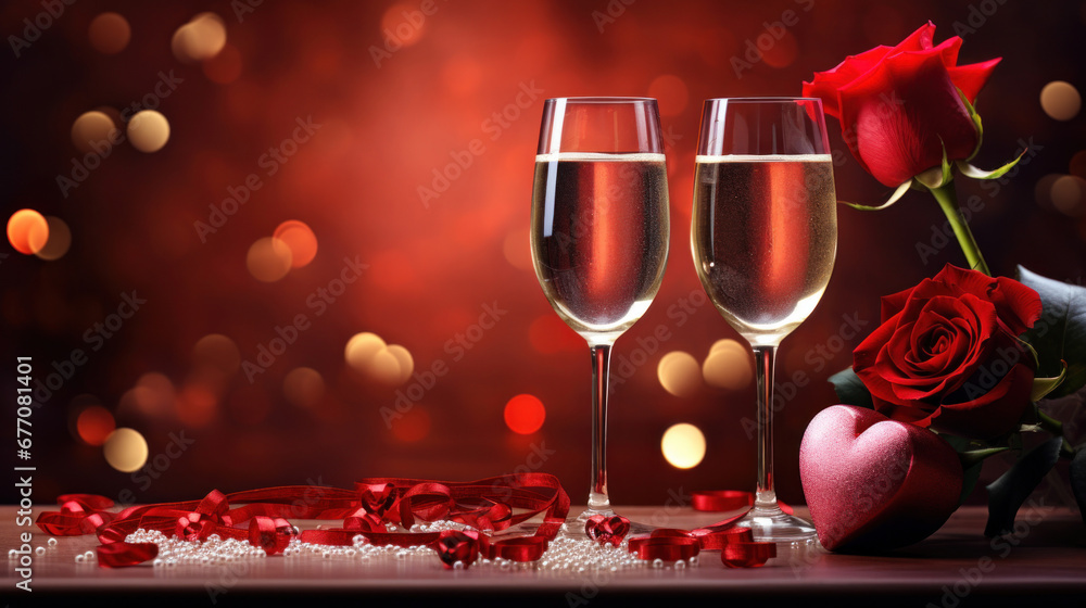 Two champagne glasses and red roses on red hearts background, valentine's day card Two champagne glasses and red roses on red hearts background, valentine's day card