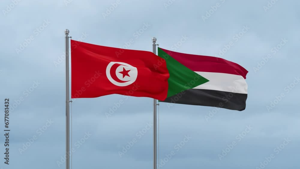 Sudan and Tunisia flag waving together on cloudy sky, endless seamless loop, two country cooperation concept Sudan and Tunisia flag waving together on cloudy sky, endless seamless loop, two country cooperation concept