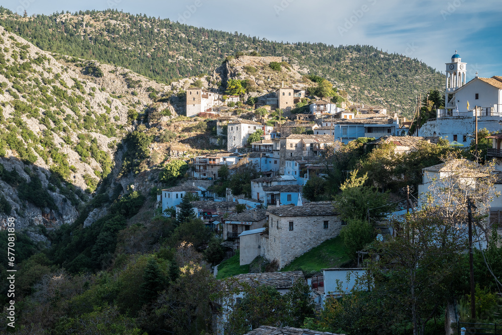 View of Kastanitsa, a traditional mountain village built on the slopes of mount Parnonas, in Arcadia, Peloponnese, Greece. 