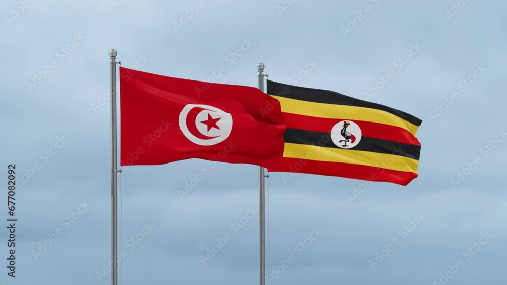 Republic of Uganda and Tunisia flag waving together on cloudy sky, endless seamless loop, two country cooperation concept Republic of Uganda and Tunisia flag waving together on cloudy sky, endless seamless loop, two country cooperation concept