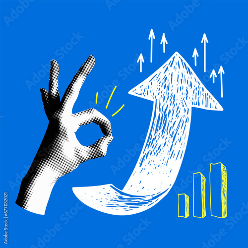 Modern collage with hand showing ok sign, hand drawn up arrow, chart. Sales growth concept. Successful campaign. Way out of the crisis. High sales figures. Good statistics. Newspaper halftone elements