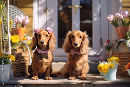 Two cute dogs on a spring flowers decorated porch on a warm sunny day.