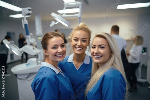 Three female medical nurses make selfie at clinic hospital.