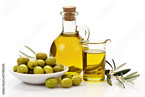 Green natural olives with bottle of olive oil isolated on a white background