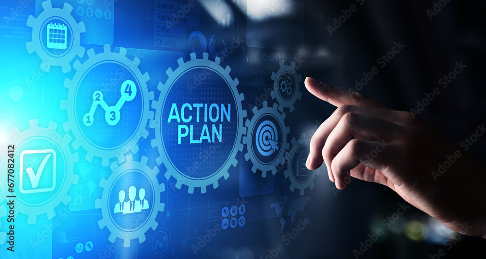 Action plan business strategy development concept on virtual screen. Action plan business strategy development concept on virtual screen.