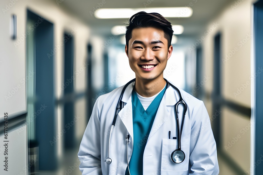 portrait of a smiling young asian doctor in a hospital hallway. Generative AI