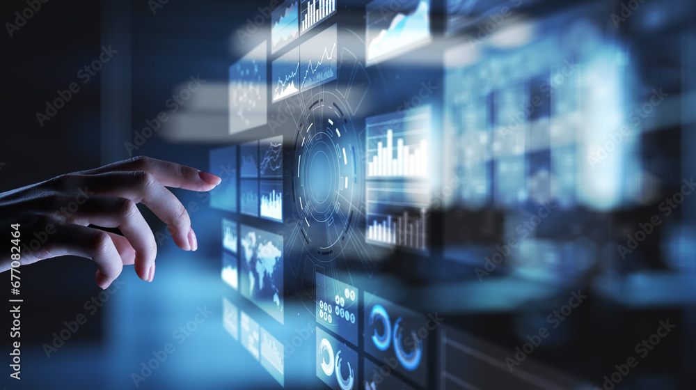 Virtual screen business intelligence dashboard, analytics and big data technology concept. Virtual screen business intelligence dashboard, analytics and big data technology concept.