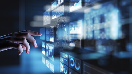 Virtual screen business intelligence dashboard, analytics and big data technology concept.