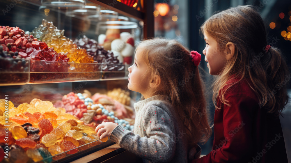 National Candy Month: An assortment of colorful candies displayed in a sweet shop window, with kids looking in