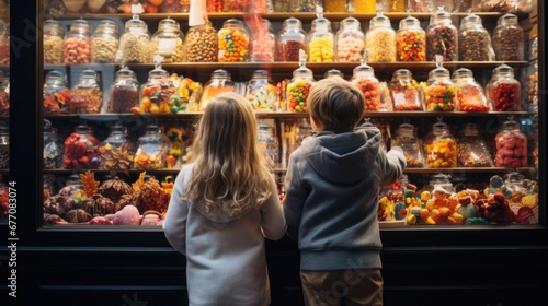 National Candy Month: An assortment of colorful candies displayed in a sweet shop window, with kids looking in